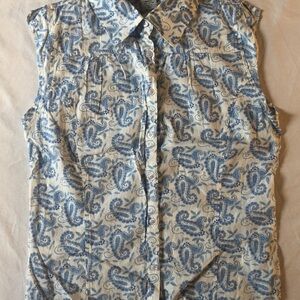 At Last S 32 Bust Sleeveless Button Up White Blue Paisley Lightweight Cotton NWT